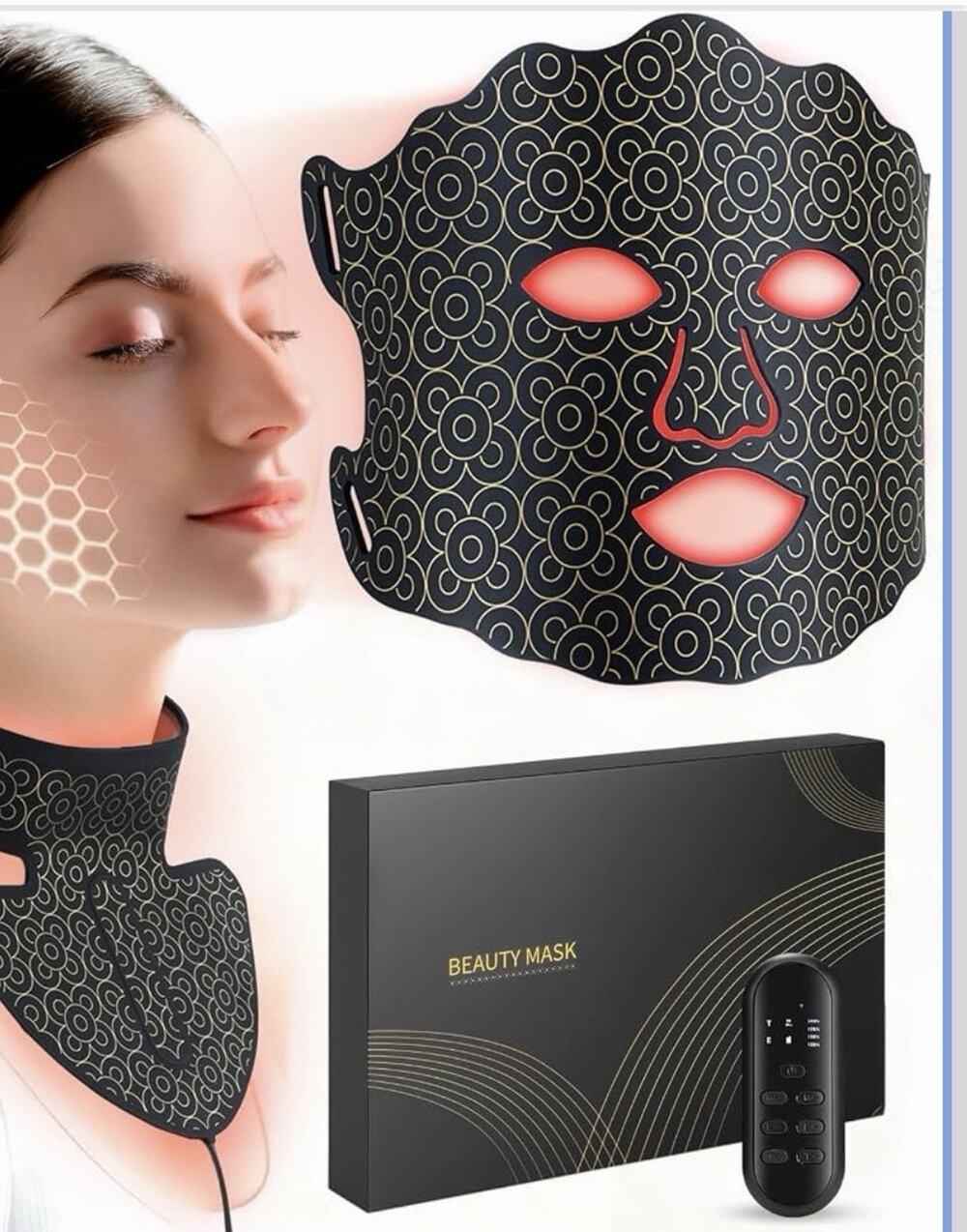 7-Color LED Light Therapy Mask for Face & Neck, Portable Rechargeable, Black